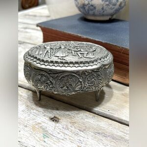 Vintage 70’s Footed Trinket Box (Stamped Japan) Blind Man's Bluff Scene GUC